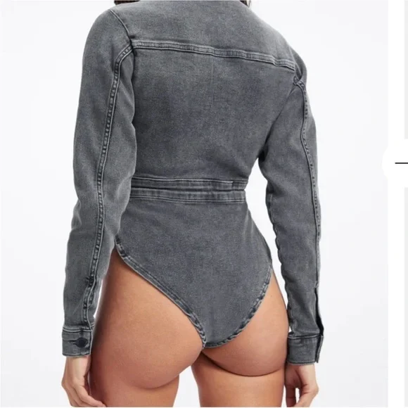 Good American NWT Black Denim Thong Bodysuit Button Down Size 1 (Small) - Picture 2 of 10